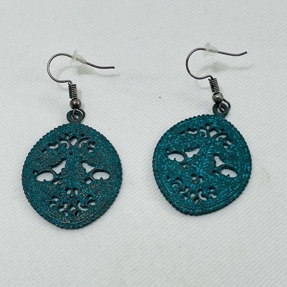 New Retro Earrings Drop Dangle Green Metal Boho Bohemian Round Big Rustic Hippie - Picture 2 of 6